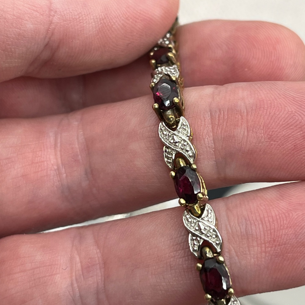 Vintage Sterling Silver 925 Garnet Bracelet 7.5” Estate 15.9g Two-Tone Design - Picture 12 of 17